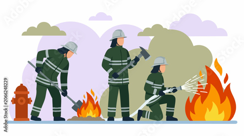 Фотография Firefighters battling a blaze with hose, shovel, and axe