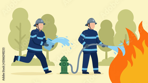 Картината върху платно Firefighters battling fire with hose and bucket, fire safety illustration