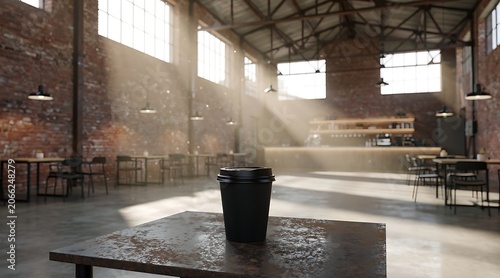Sunlit Industrial Warehouse Interior with Coffee Cup on Table.