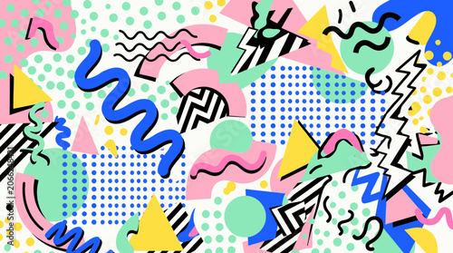 Retro 80s Memphis Design Abstract Pattern with Geometric Shapes and Bold Colors