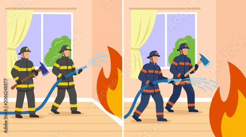 Obraz na plátne Firefighters battling a blaze indoors with hose and axe, emergency scene