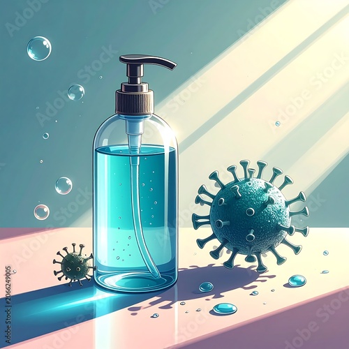 A bottle of hand sanitizer with a pump dispenser surrounded by bubbles and viruses on a pink surface