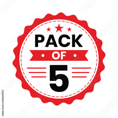 Pack of 5 badge label design in red and black colors, isolated on white background. Vector Illustration.
