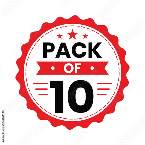 Pack of 10 badge label design in red and black colors, isolated on white background. Vector Illustration.