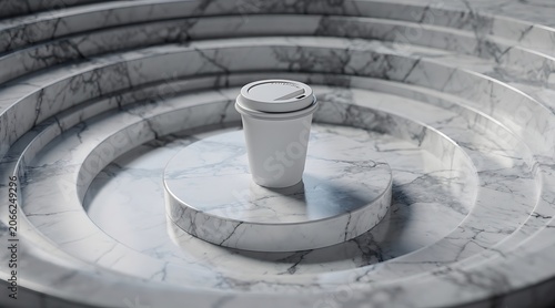 White disposable coffee cup on elegant marble tiered platform with concentric rings.