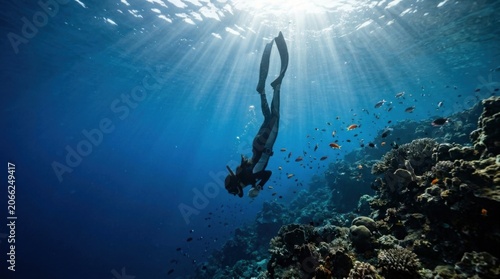 Freediver Descends into Sunlit Ocean Depths Near Coral Reef.
