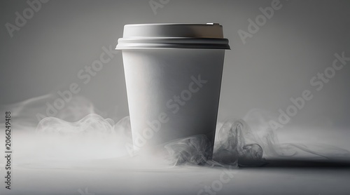 White Disposable Coffee Cup with Lid Surrounded by Wisps of Smoke.