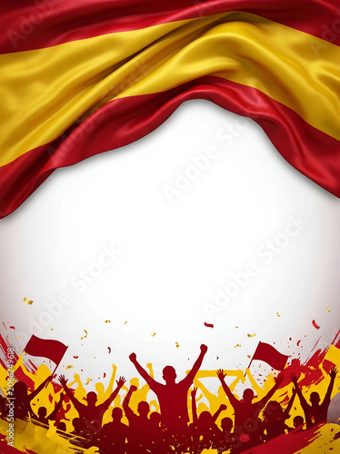 Waving flag of Spain draped over a white background with silhouettes of cheering crowds, fans holding flags, red and yellow paint splashes, and confetti for national celebrations.