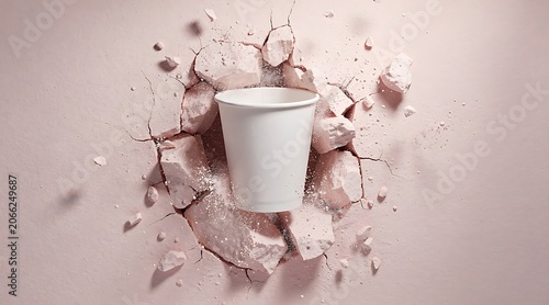 White Paper Cup Amidst Cracked Pink Debris.