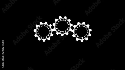 Three white gear icons rotating in different directions in a continuous seamless loop on black background,with 4k video animation.