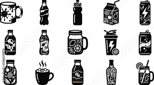 Fotografie Black and white of beer bottles, steins, and beer mugs in various styles glasswa