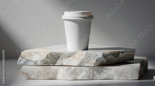 White Reusable Coffee Cup on Stacked Marble Slabs with Natural Light and Shadows.