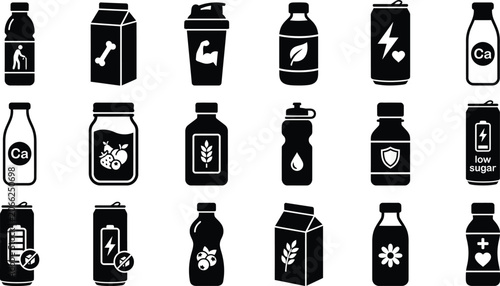 Cuadro en lienzo Black and white of bottles, jars, and containers with labels and symbols