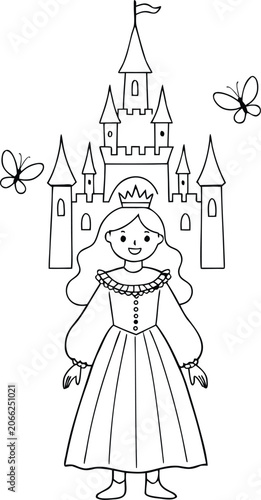 Little princess and castle coloring page for children