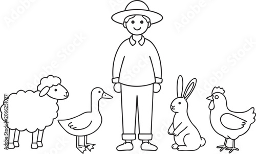 Farmer with farm animals coloring page for kids
