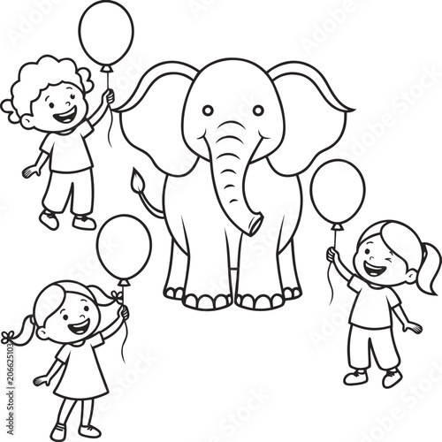 Happy children and a cute elephant holding balloons