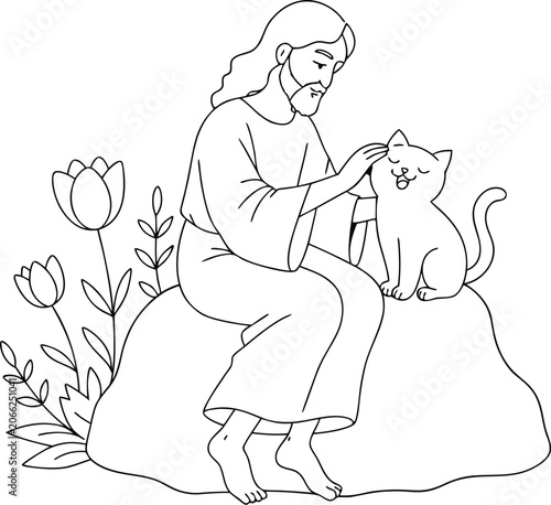 Jesus sitting on a rock petting a happy cat in a garden