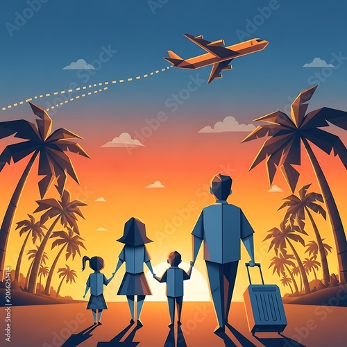 A family of four walks towards a vibrant sunset with an airplane flying overhead