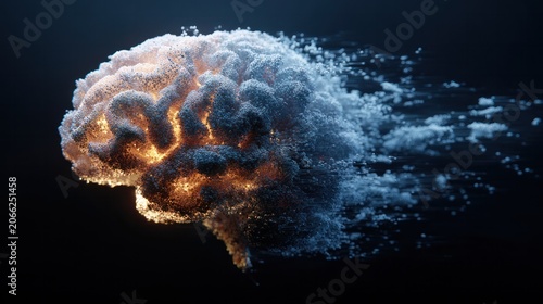 Dissolving Mind: A luminous brain graphic appears to be fragmenting, with particles breaking off and dissipating into the darkness, symbolizing the fragility of thought or memory.