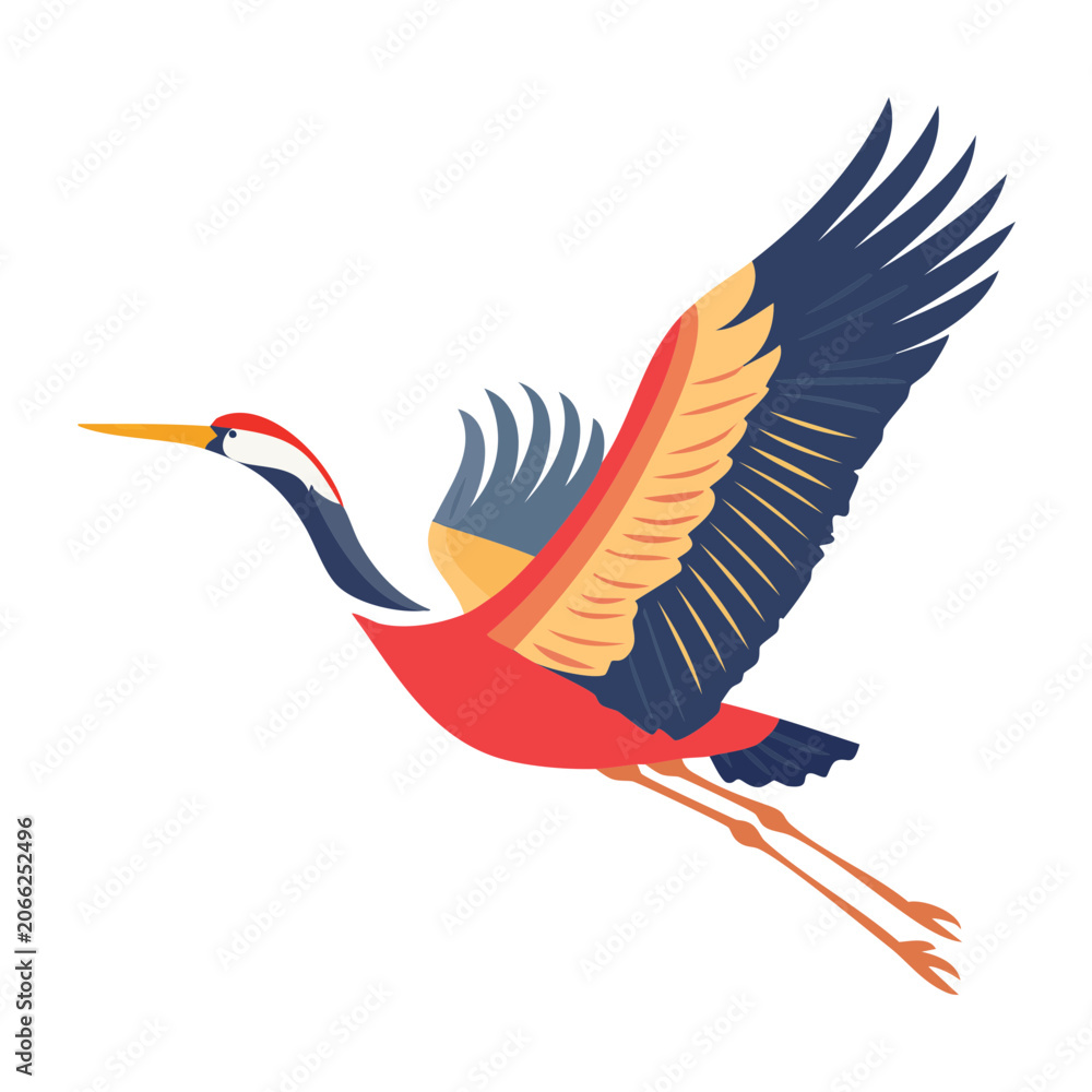 Fototapeta premium Stylized crane bird in flight, flat design illustration