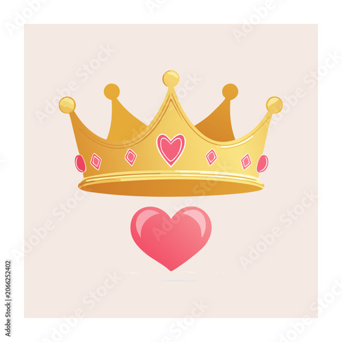 Golden crown with pink heart on light background