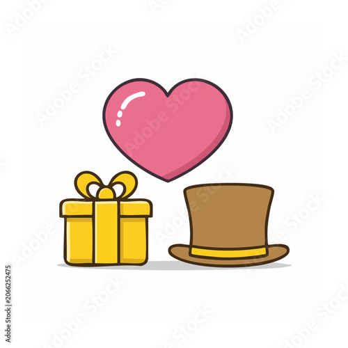 Pink heart, gift box and top hat icon