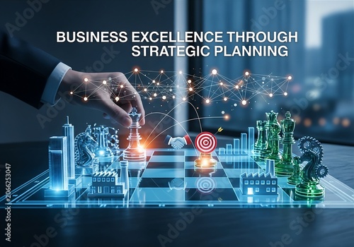 Business excellence through strategic planning concept with digital chess board and target hologram