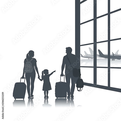 A family of three, with luggage, walks toward a large window showing airplanes outside
