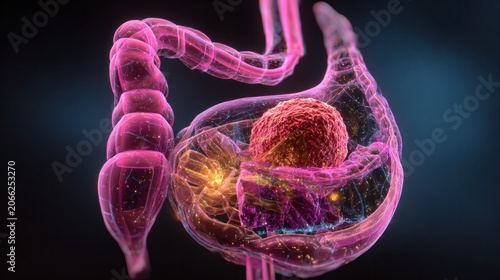 Colon Cancer Illustration: A 3D medical illustration depicts a cross-section of the human colon, highlighting a tumor growth within the large intestine.