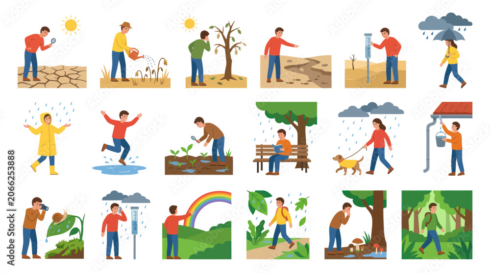 Fototapeta premium Environmental Science Weather Flat Vector Illustrations: Climate Change, Drought, Rain, Nature Observation Concepts.