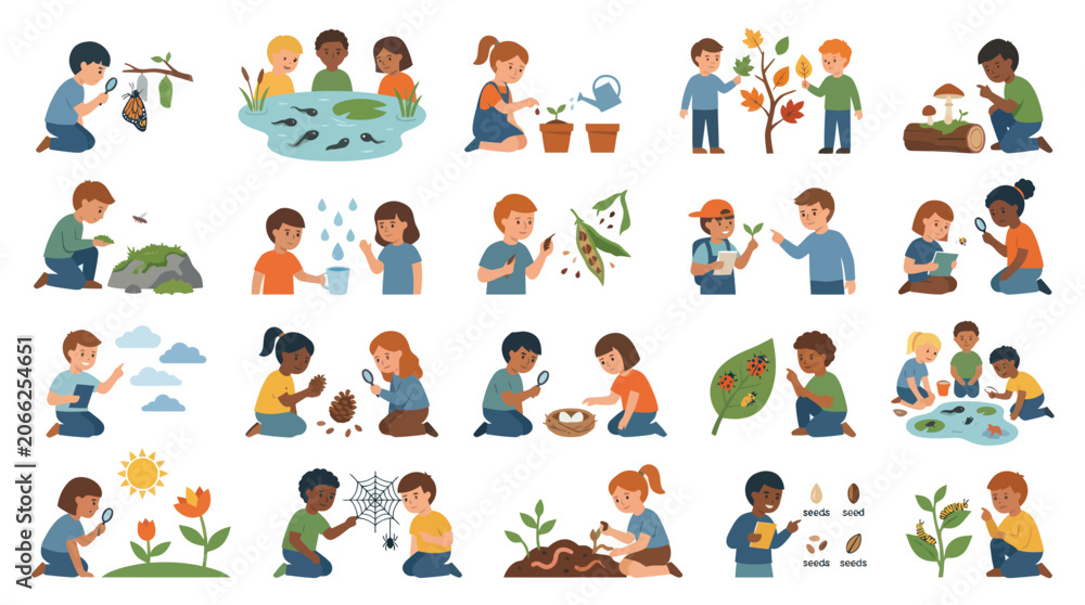 Obraz premium Children Nature Science Education Flat Vector Illustration Set. Kids Exploring Plants, Animals, Seeds Ecology