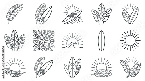 Photography Surfing and botanical line icons on white background.