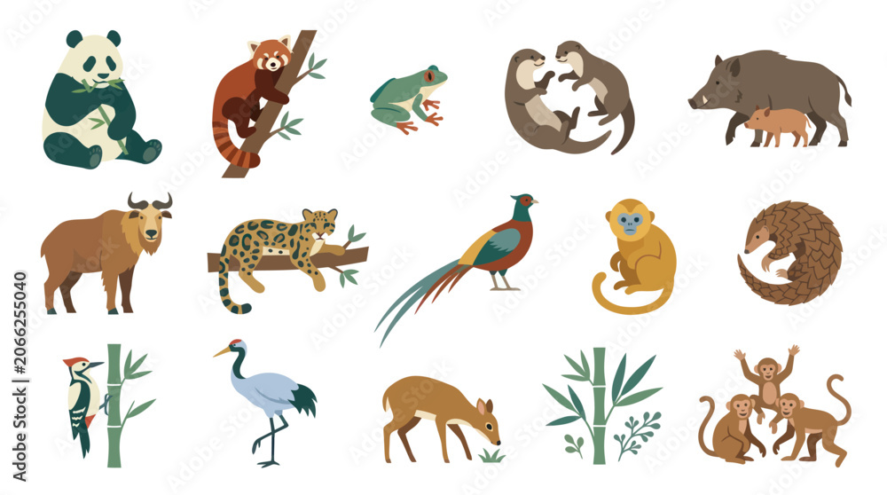 Fototapeta premium Diverse Asian Wildlife Animals Collection Flat Vector Illustration. Nature Fauna Icon Set