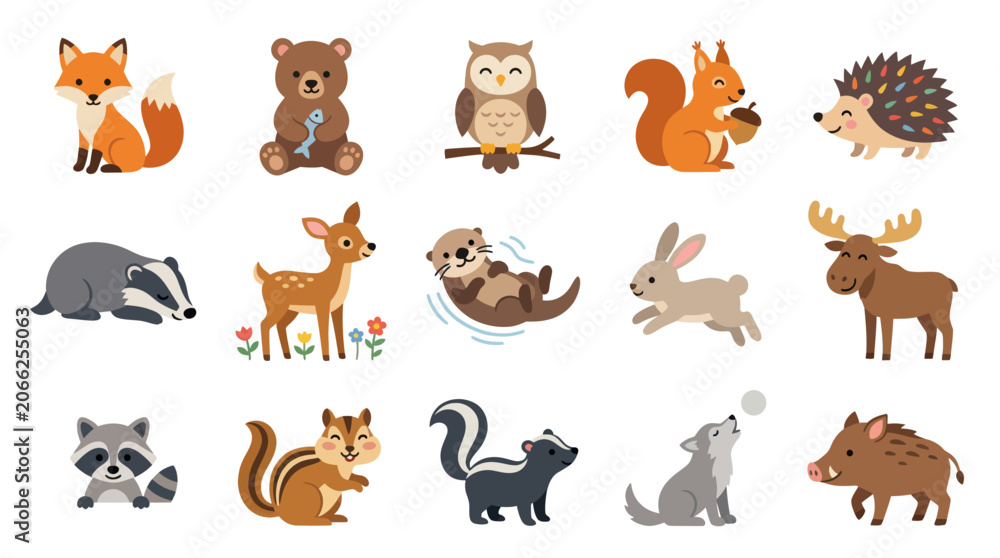 Obraz premium Adorable Flat Cartoon Forest Animals Collection - Cute Woodland Wildlife Vector Illustration Set