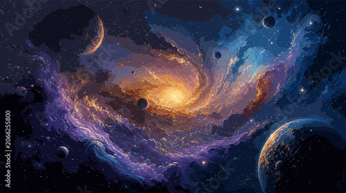 Slika na platnu A breathtaking cosmic panorama showcasing a vibrant spiral galaxy with glowing nebulae and multiple planets in deep space