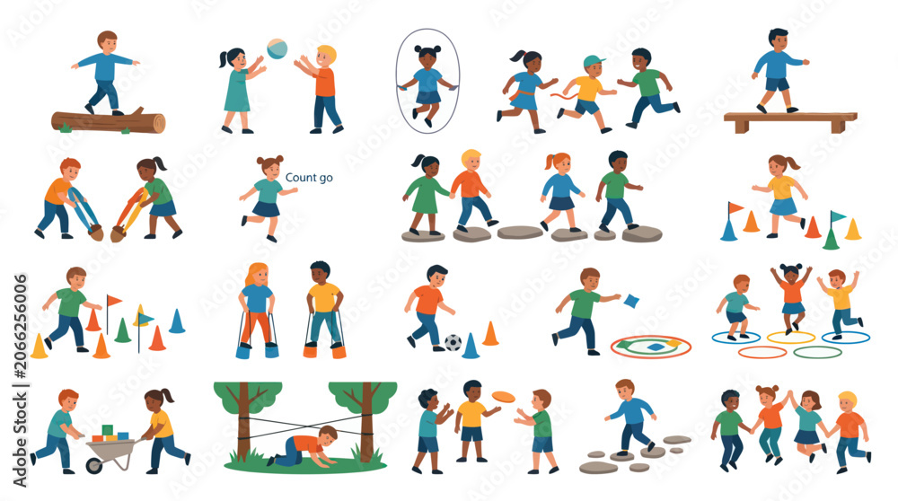 Fototapeta premium Happy Kids Physical Education Activities Flat Vector Illustration Collection for Child Development