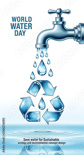 A faucet with water droplets forming a recycling symbol in shades of blue