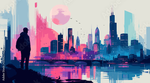 Fotografie A lone figure gazes at a vibrant, abstract cityscape reflected in the water under a stylized pink sky, rendered in a modern, painterly style