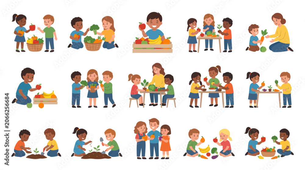Fototapeta premium Flat Vector Illustrations of Kids Learning Healthy Food, Nutrition, and Gardening Education