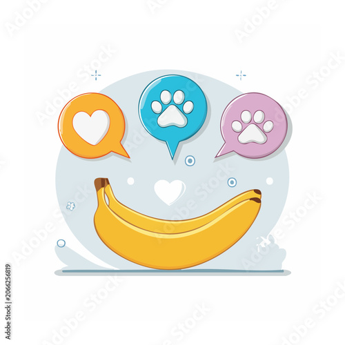 Banana with speech bubbles showing heart and paw prints