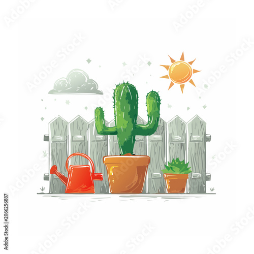 Cactus and watering can in garden with sun and cloud
