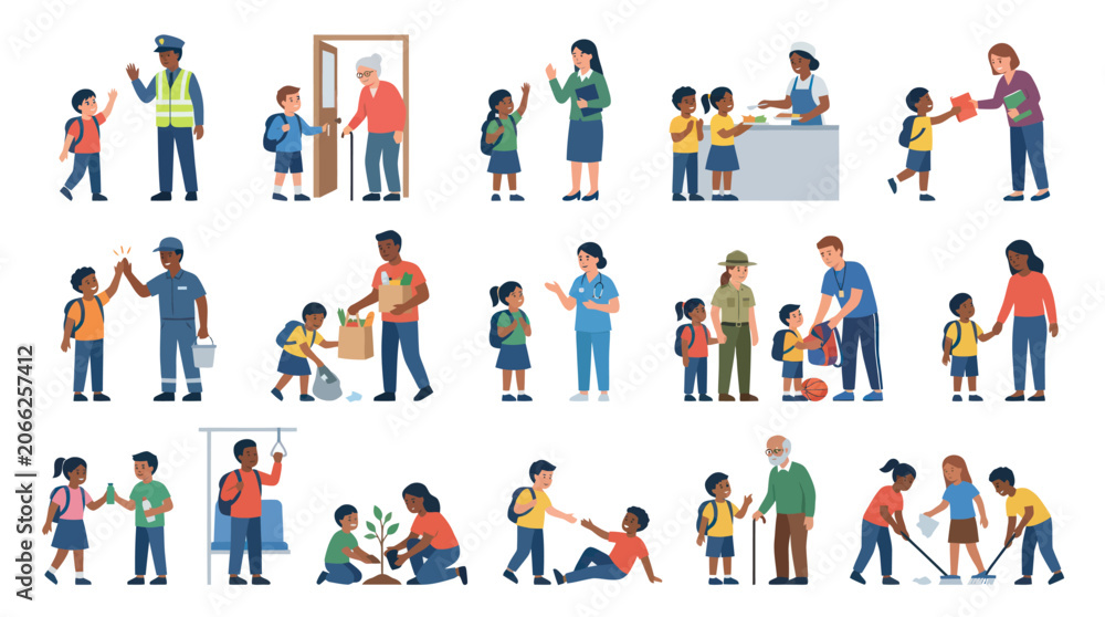 Fototapeta premium Diverse People Helping Children, Community Care, Education, Flat Vector Art