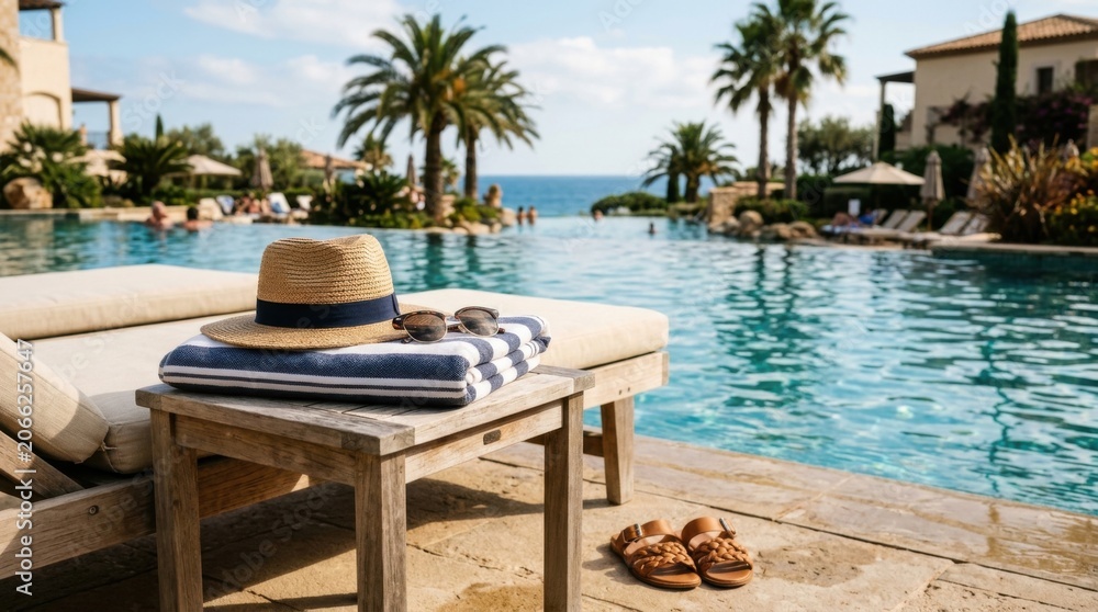 Obraz premium Luxury Resort Poolside Relaxation with Palm Trees and Ocean View.