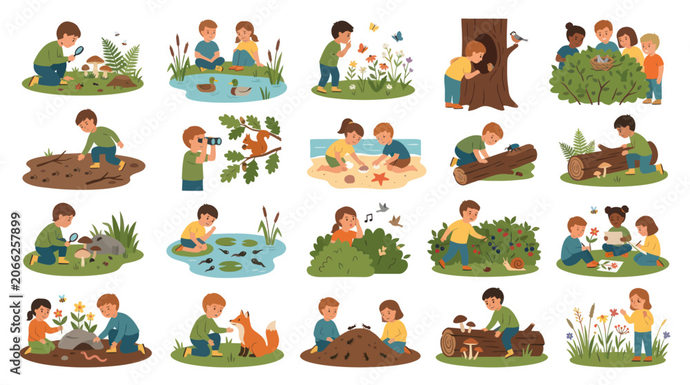 Fototapeta premium Flat Vector Illustrations Set of Kids Exploring Nature and Wildlife, Engaging in Educational Outdoor Activities