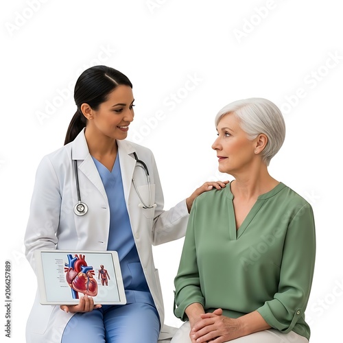A female doctor in a white coat shows a senior woman an anatomical heart model on a tablet