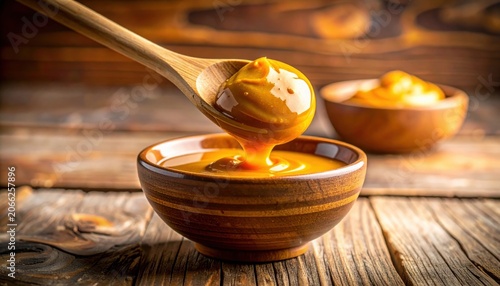 Rich golden sauce being scooped with a wooden spoon from a rustic wooden bowl