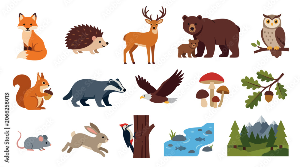 Fototapeta premium Nature and Wildlife Flat Vector Illustration Set: Forest Animals, Birds, Mushrooms, River Mountain Ecosystem Elements
