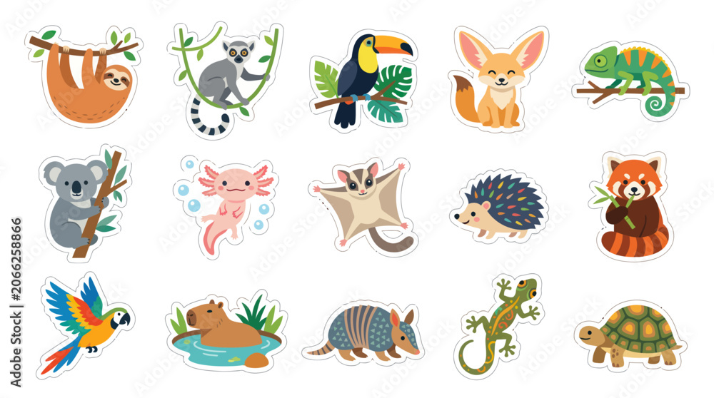 Obraz premium Cute Cartoon Animals Stickers - Exotic Wildlife Characters Flat Style Vector Set
