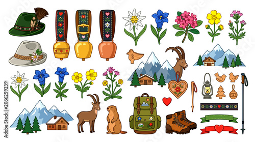Alpine vector elements set with Swiss cowbells, Tyrolean hats, edelweiss flowers, and hiking gear icons