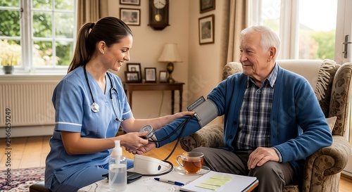 A female nurse takes the blood pressure of a senior male patient